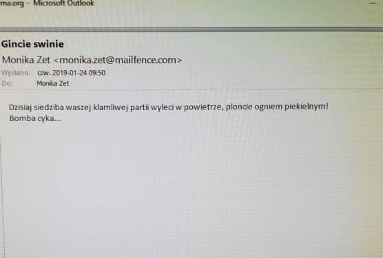 Tak wyglądał mail, który dotarł do PO we Wrocławiu. Zdjęcie...