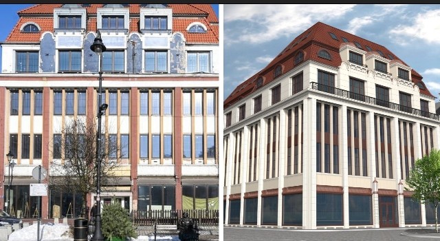 Od lewej: obecny wygląd dawnego KMPIK-u na Rynku, od prawej - wizualizacja dla MPGN-u  elewacji budynku po wykonanych pracach
