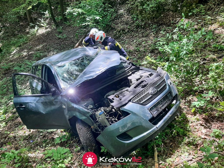 Wypadek na drogach Ojcowskiego Parku Narodowego. Samochód matki z dzieckiem spadł ze skarpy. Jedna osoba ranna