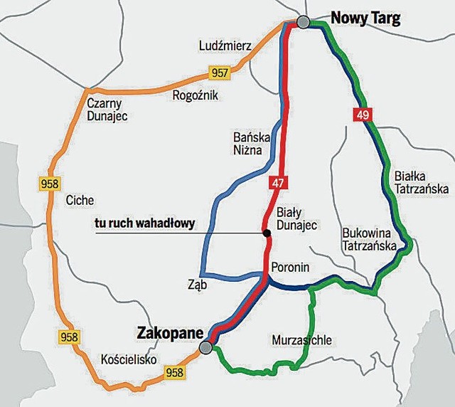 Na mapie prezentujemy główną trasę z Zakopanego do NowegoTargu (kolor czerwony), a także cztery możliwe objazdy bocznymi drogami, które pozwolą nam uniknąć korków