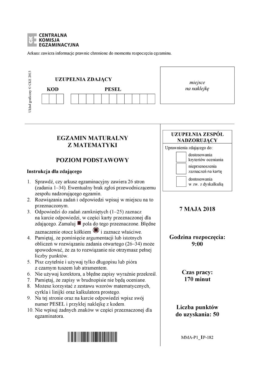 Matura 2018 matematyka podstawowa Arkusz CKE, Odpowiedzi...