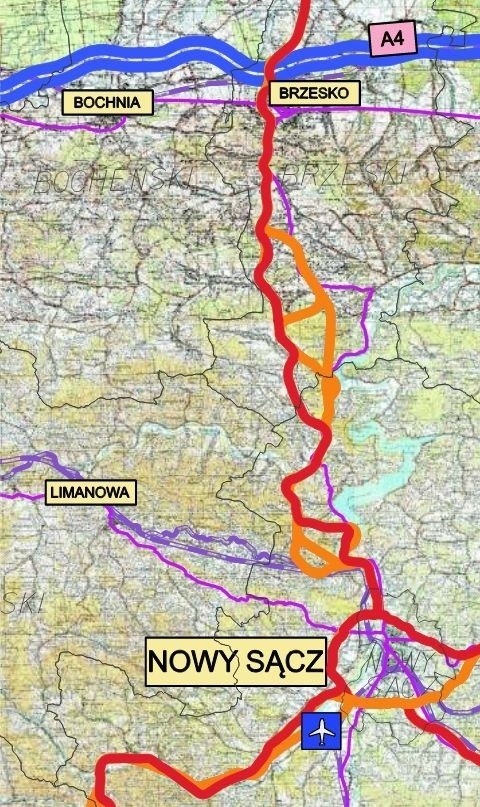 Czerwona linia z Sącza do Brzeska to planowana "sądeczanka", pomarańczowe - alternatywne odcinki, fioletowe - obecne drogi