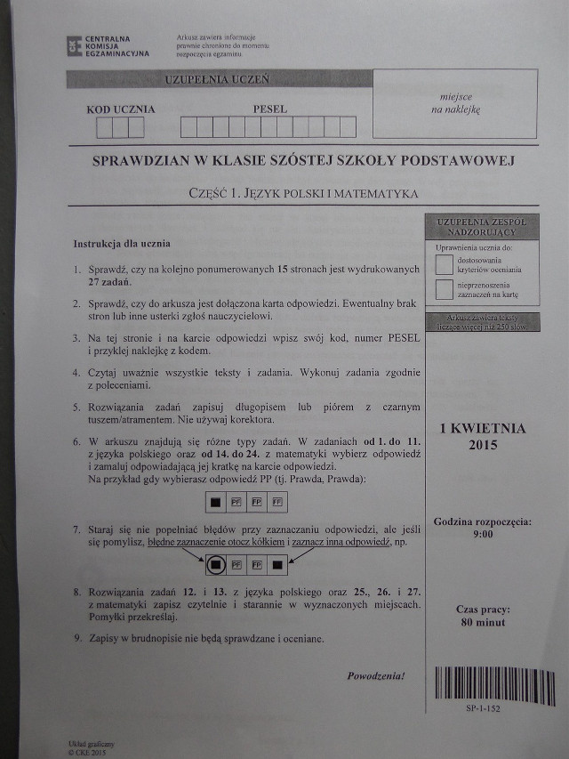 Sprawdzian szóstoklasisty 2015 z CKE język polski i matematyka