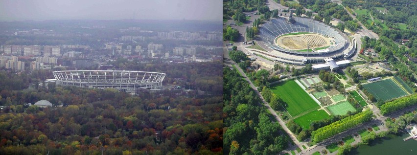 Stadion Śląski. Z lewej - w 2013, z prawej - w 2009