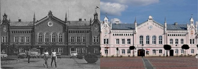 Fotografie przedstawiają Ratusz w Sanoku, który znajduje się przy ulicy Rynek 16. Fotografia z lewej pochodzi z lat 80-90, z prawej z 2014 roku.