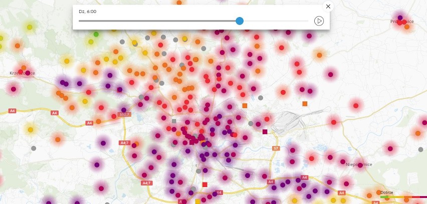 Kraków na mapach Airly o godzinie 6 rano we wtorek 28...