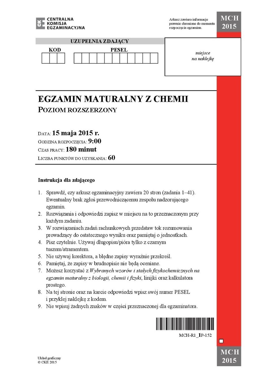 Matura 2015. CHEMIA poziom rozszerzony dla LO [ODPOWIEDZI,...