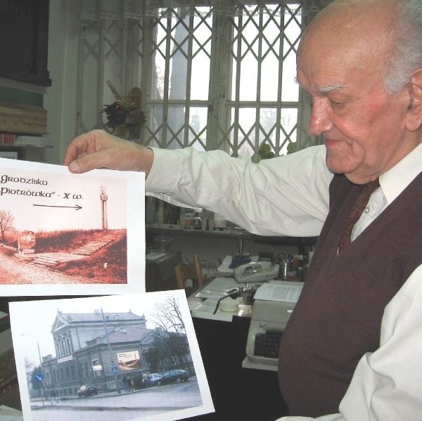 Aleksander Sawicki prezentuje obraz Piotrówki namalowany przez Włodzimierza Orła, a poniżej miejsce gdzie stanie drogowskaz - u zbiegu ulic Limanowskiego 42 i Przechodniej.
