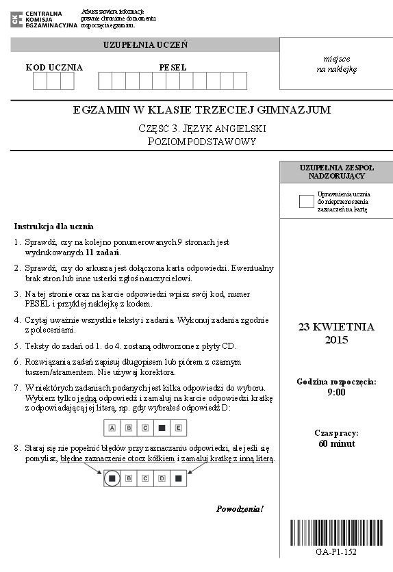 EGZAMIN GIMNAZJALNY 2015. ANGIELSKI podstawowy PYTANIA + ODPOWIEDZI z