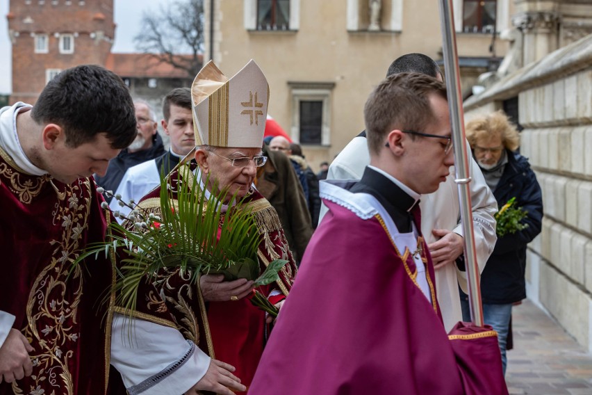 Kraków. Abp Marek Jędraszewski odprawił mszę świętą na Wawelu i poświęcił palmy wielkanocne [ZDJĘCIA]