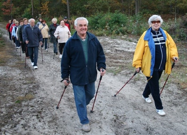 Seniorzy maszerują po lesie w dwudziestoosobowych grupach.