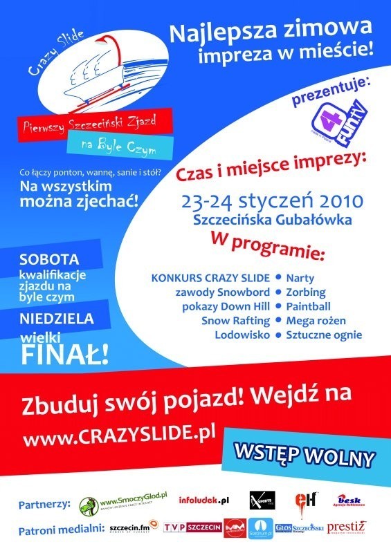 Wielka zimowa impreza w Szczecinie: zjazd na byle czym