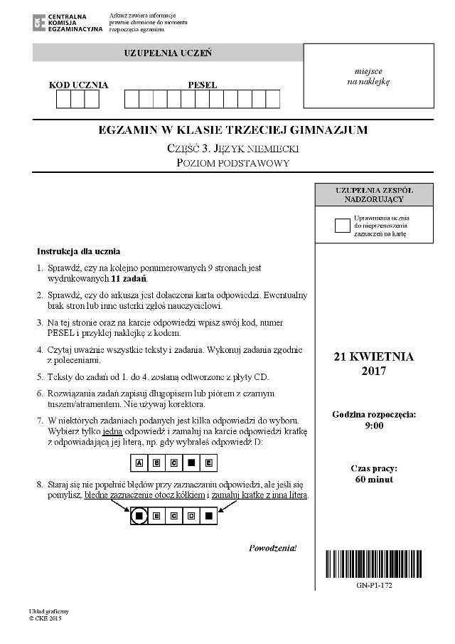 Powyżej arkusze z dzisiejszego egzaminu gimnazjalnego z niemieckiego na poziomie podstawowym.Na kolejnych slajdach prezentujemy arkusz i odpowiedzi z egzaminu gimnazjalnego z niemieckiego na poziomie podstawowym.Podane odpowiedzi są sugerowane.