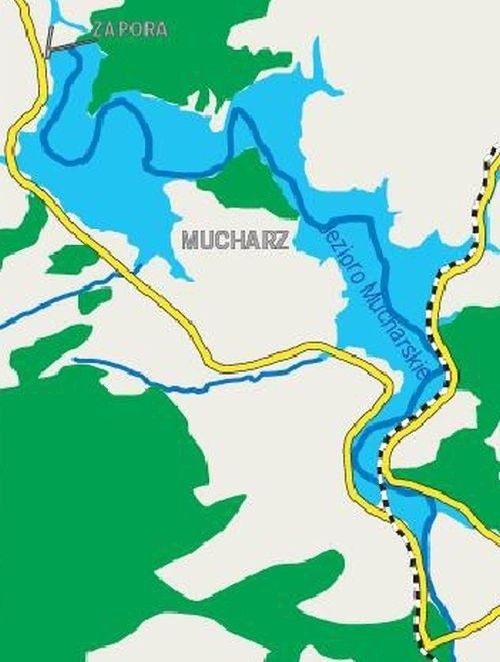 Brzegi Jeziora Mucharskiego przy całkowitym zapełnieniu. Inne mapy można zobaczyć na: ww.portal.gison.pl/jezioromucharskie/
