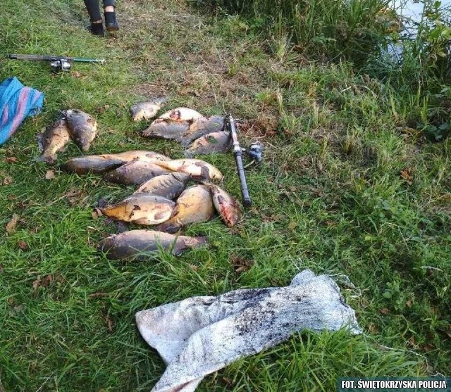 Policjanci opowiadają, że mężczyźni wyłowili 36 kilogramów ryb