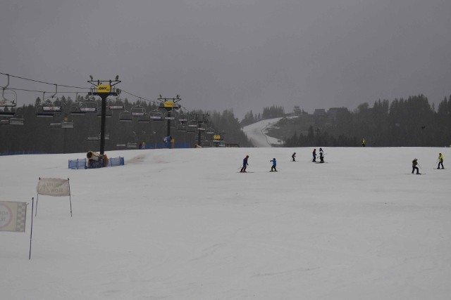 Stacja narciarska na Polanie Szymoszkowej w Zakopanem. W czwartek szusowali tylko nieliczni - ci którym nie przeszkadzał padający deszcz