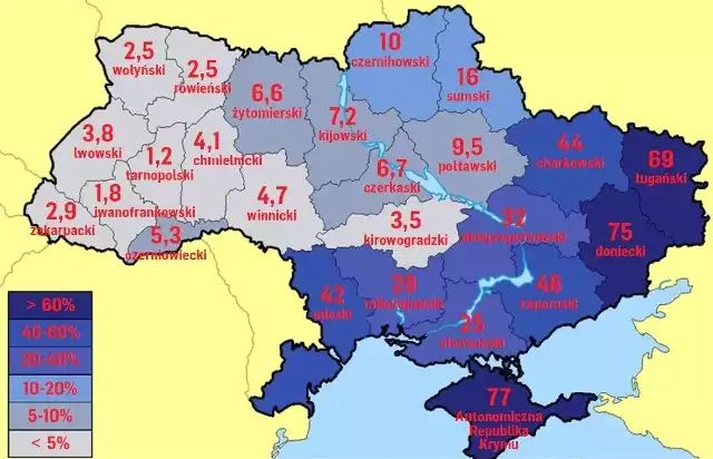 Mapa pokazująca, jaki jest w poszczególnych obwodach ukraińskich procent społeczeństwa, który uważa rosyjski za swój język ojczysty.