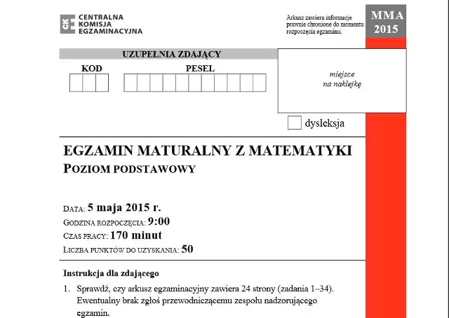 MATURA 2015 MATEMATYKA POZIOM PODSTAWOWY - ARKUSZ CKE - TECHNIKUM I LICEUM  (STARA I NOWA MATURA) | Gazeta Wrocławska
