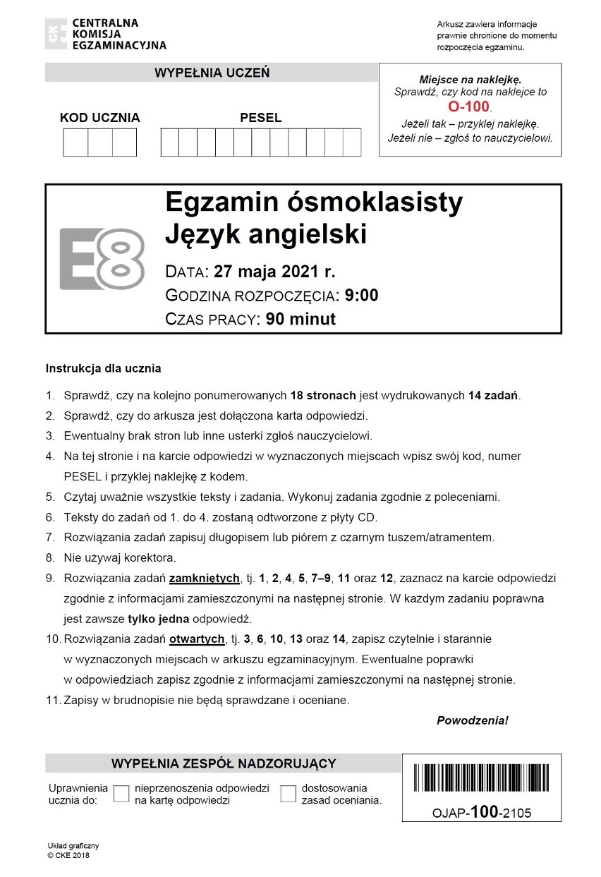 Egzamin ósmoklasisty 2021: angielski. ARKUSZ CKE + KLUCZ ODPOWIEDZI. Czy  test ósmoklasisty z angielskiego 27.05.2021 był trudny? | Dziennik Zachodni