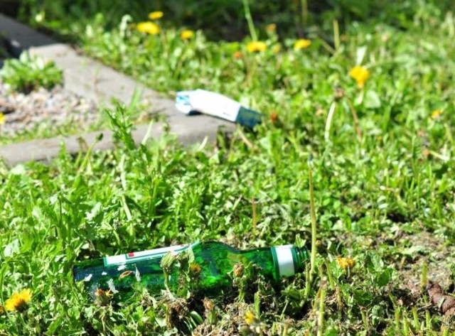 Pozostałości po nocnych libacjach alkoholowych na trawniku przy alei Lipowej.