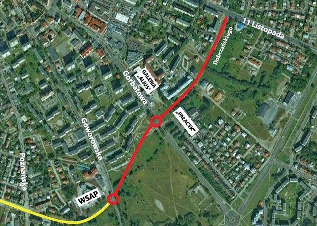 Tak będzie przebiegać droga, która połączy w przyszłości ulicę Goworowską z 11 Listopada (żółtym kolorem zaznaczyliśmy ul. Korczaka)