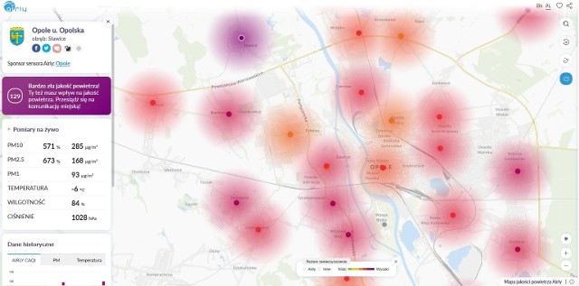 Pomiar jakości powietrza w Opolu - wtorek, 5 lutego, okolice godz. 21