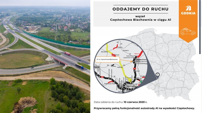 Budowa A1: Węzeł Blachownia otwarty. Krótsza droga na Jasną Górę. Można zjechać z autostrady A1 na DK46 np. na Opole czy Szczekociny