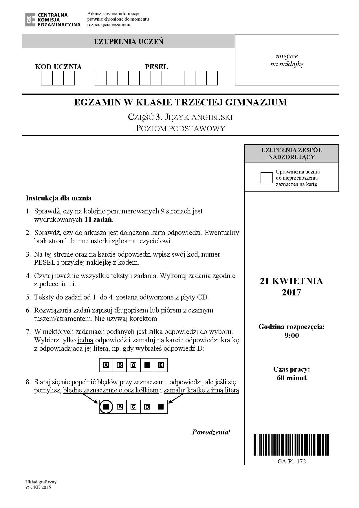 EGZAMIN GIMNAZJALNY 2017 ARKUSZE CKE: ANGIELSKI [PODSTAWOWY+ODPOWIEDZI