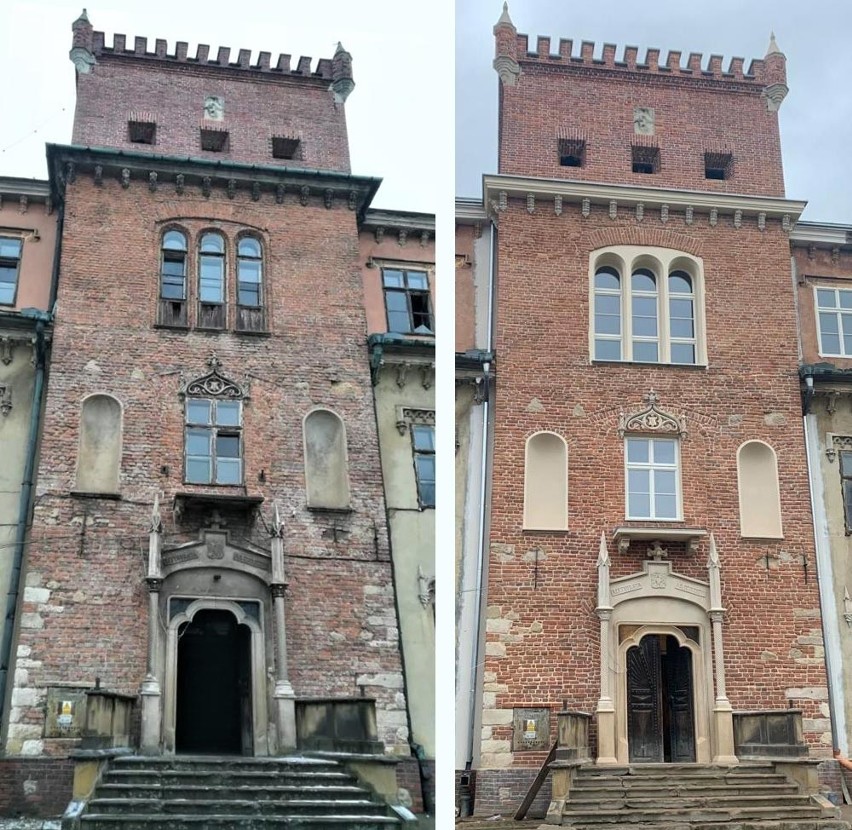 Wieża zamku w Zatorze przed i po renowacji