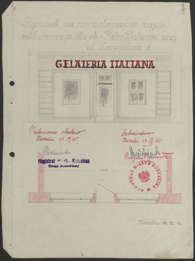 Projekt szyldu, który chciał nad drzwiami swojej lodziarni przy obecnej ul. Zwycięstwa 5 zawiesić Włoch Pietro Dalmasa.