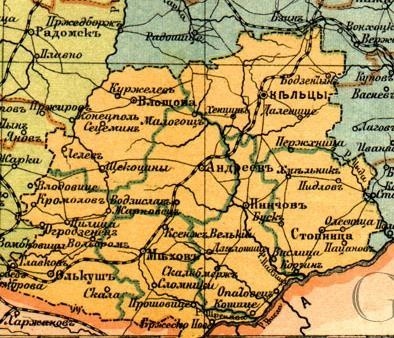 Władze carskie utworzyły gubernię kielecką. W 1869 roku zamieszkiwana była ona przez 469 619 osób. W jej skład wchodziło siedem powiatów: jędrzejowski, kielecki, miechowski, olkuski, pińczowski, stopnicki i włoszczowski.