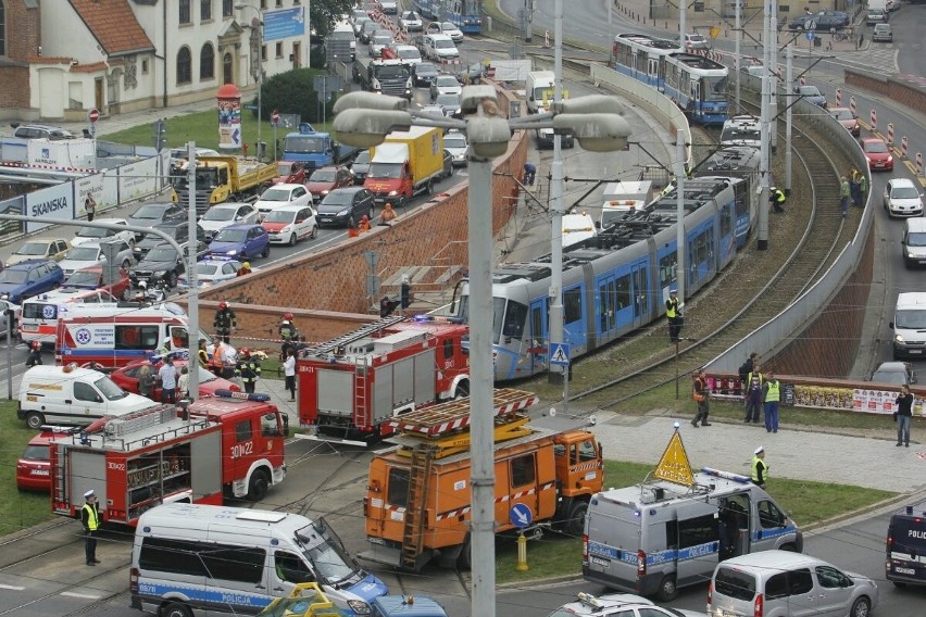 Wrocław, plac Dominikański - zderzenie, wypadek tramwajów...