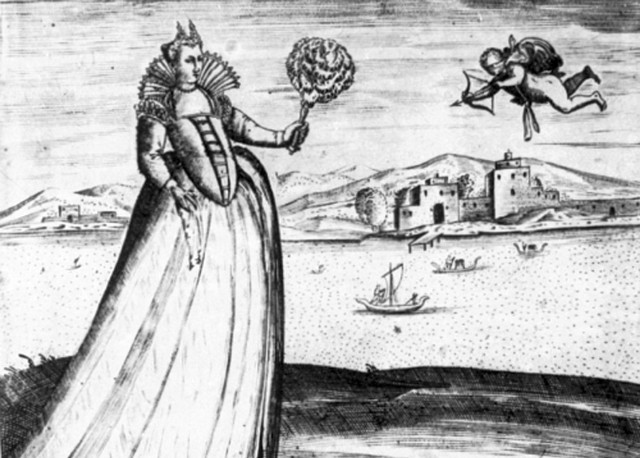 Wenecka kurtyzana z Amorem, rycina XVI-wieczna