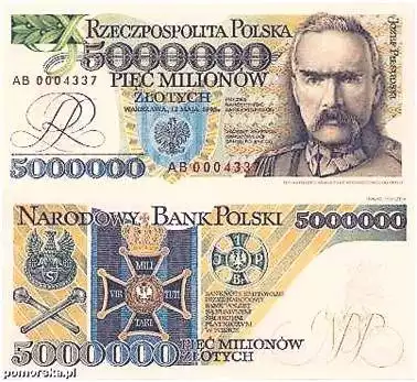 Banknot 5-milionowy z marszałkiem Piłsudskim nigdy nie wszedł do obiegu. Jest jedynie eksponatem kolekcjonerskim.