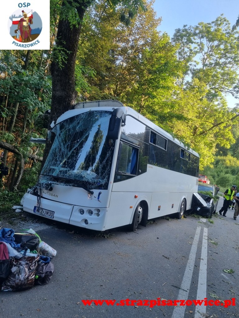 Dolnośląskie. Wypadek niedaleko miejscowości Ogorzelec. Autobus uderzył w drzewo [ZDJĘCIA, WIDEO]