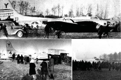 Bombowiec B-17 "Flying Fortress" po lądowaniu awaryjnym na obrzeżach Krakowa pod koniec grudniu 1944 r. na archiwalnych fotografiach Krzysztofa Trzebickiego (u góry) oraz Ireny Marcinkowskiej-Halickiej (oba u dołu) Repr. ze zbiorów Krzysztofa Wielgusa