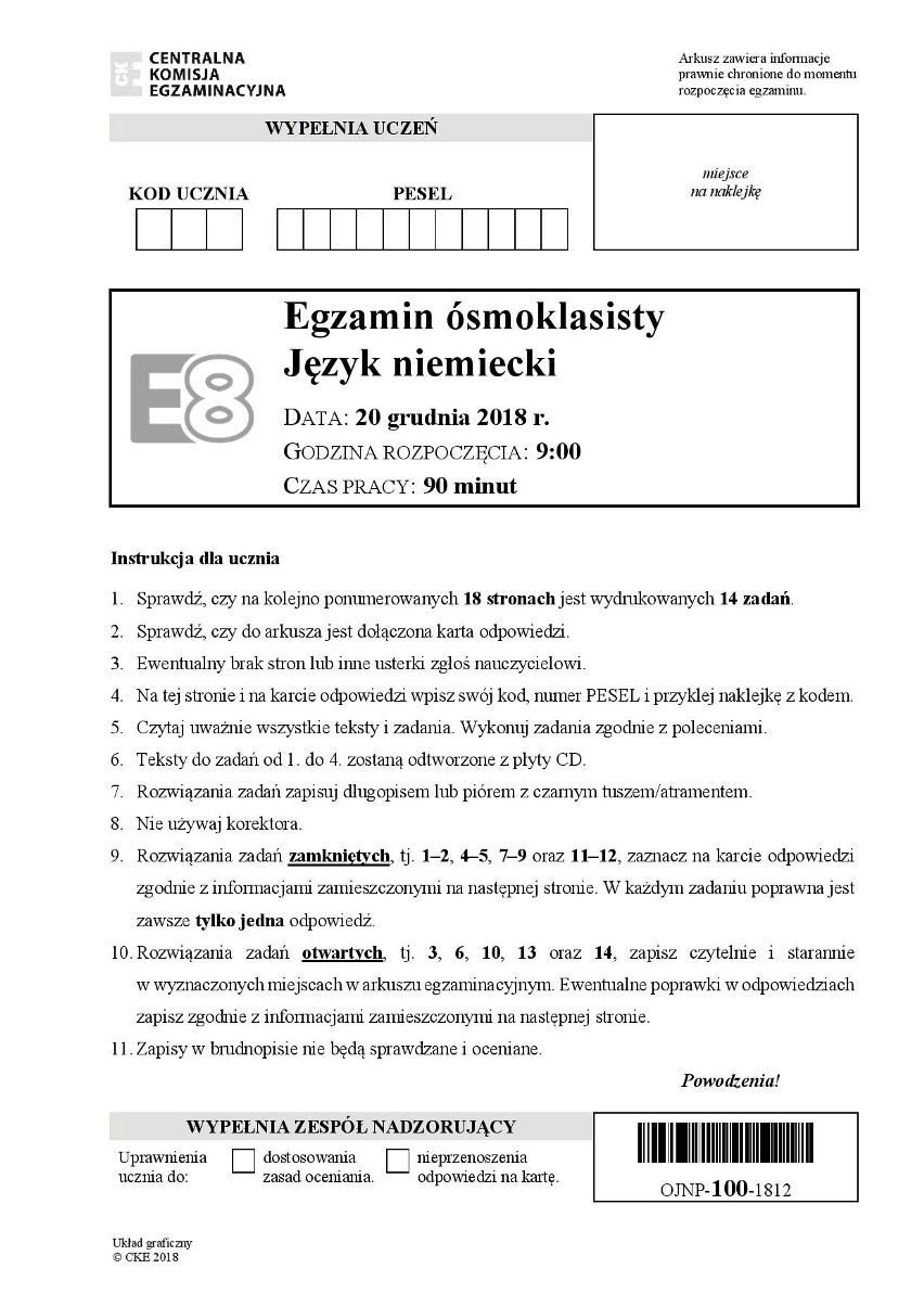 Próbny egzamin ósmoklasisty 2018: Język niemiecki [ODPOWIEDZI, ARKUSZE,  ZADANIA] Egzamin 8-klasisty z języka niemieckiego - 20 grudnia 2018 | Głos  Wielkopolski