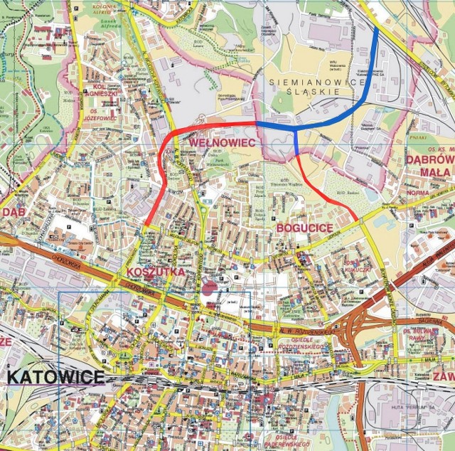 Planowany przebieg nowego połączenia drogowe Katowic z Siemianowicami