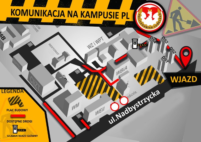 Mapa z wyłączonym z ruchu terenem oraz  nowym wjazdem na kampus politechniki