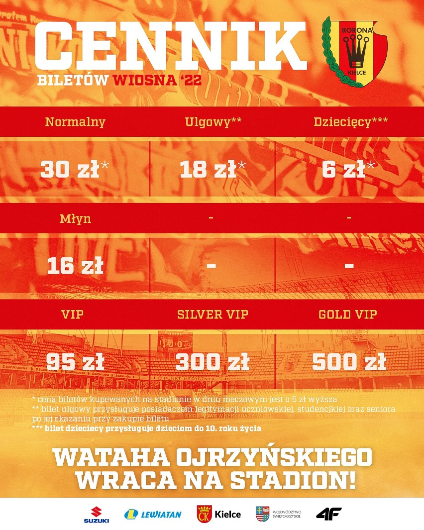Rozpoczęła się sprzedaż biletów na mecz Korony Kielce ze Stomilem Olsztyn. Spotkanie odbędzie się 26 lutego na Suzuki Arenie