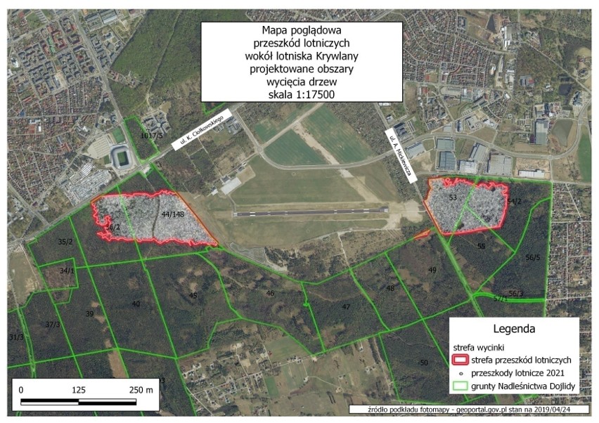 Mapa poglądowa przeszkód lotniczych wokół lotniska Krywlan,...