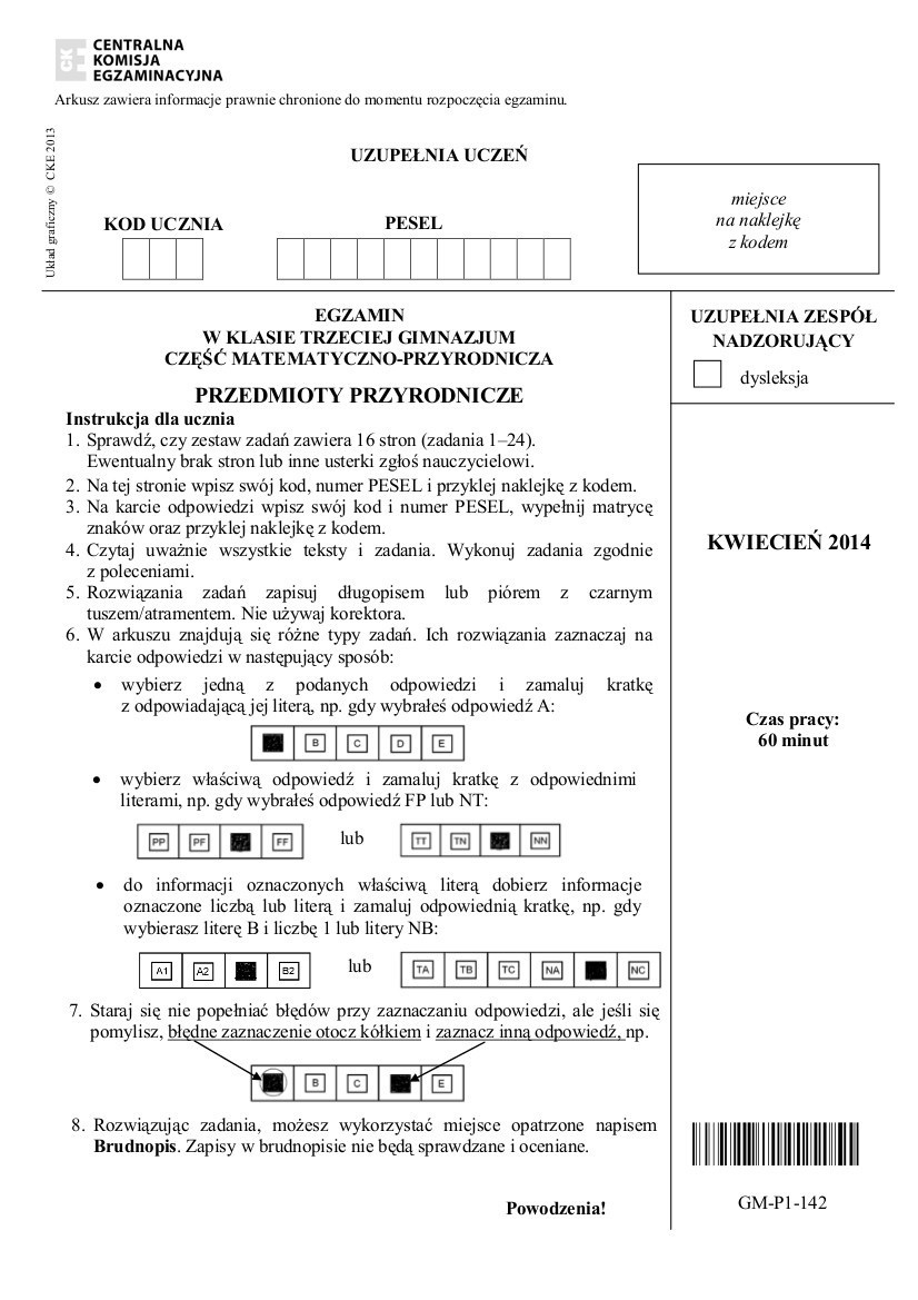 Egzamin gimnazjalny 2014 - arkusze z części przyrodniczej