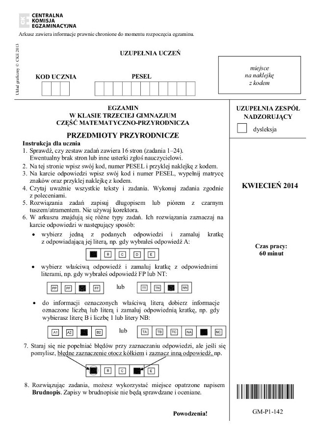 Egzamin gimnazjalny 2014 - arkusze z części przyrodniczej