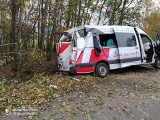 Wypadek w Wolkowych 19.10.2021. Bus wypadł z drogi. Przyczyną było najprawdopodobniej zaśnięcie za kierownicą. Zdjęcia