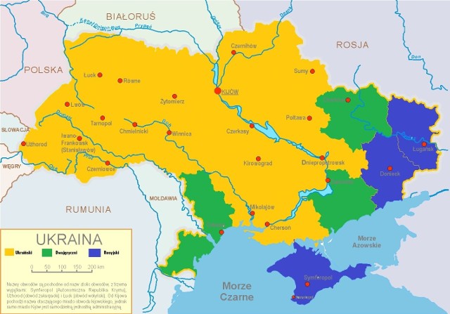 Mapa Ukrainy prezentująca podział kraju względem języków dominujących. Kolor żółty prezentuje część kraju, w którym język dominujący to język Ukraiński.  Kolor zielony to obszary kraju dwujęzyczny. Kolor niebieski to obszar kraju z dominacją języka rosyjskiego.