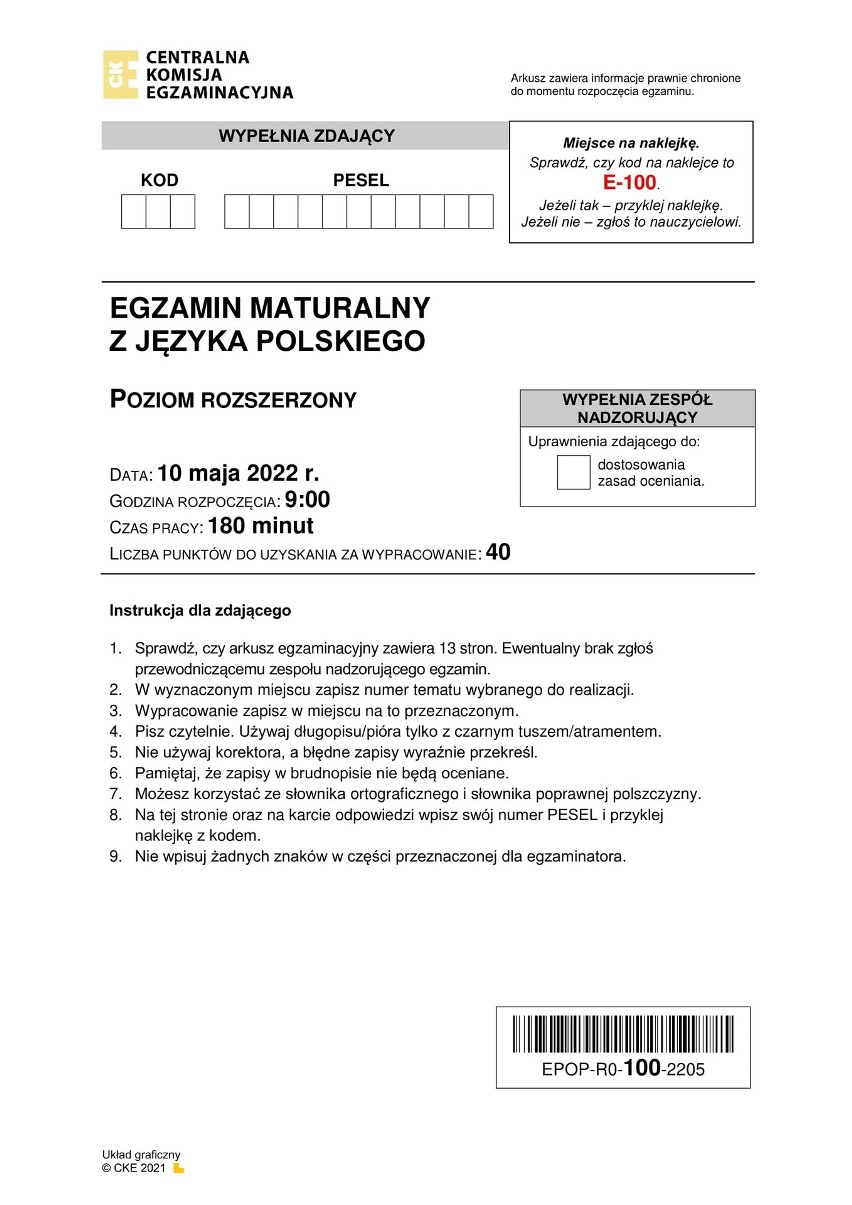 MATURA z j. polskiego rozszerzona 2022. Co było na maturze z j. polskiego? [ARKUSZ CKE, ODPOWIEDZI] 10.05.2022