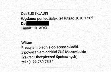 Fałszywa wiadomość e-mail. ZUS ostrzega przed naciągaczami.