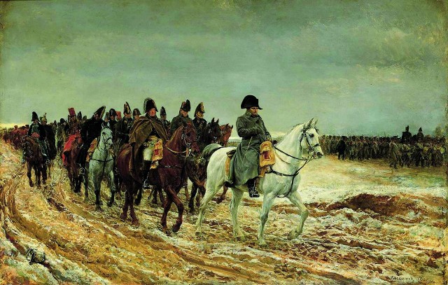 Reprodukcja obrazu, na którym cesarz Napoleon i jego żołnierze maszerują na Moskwę. Kilka tygodni później Wielka Armia przestała niemal istnieć, a z Rosji wydostali się tylko nieliczni, próbując wrócić do Francji. Kilkudziesięciu żołnierzy dało radę dotrzeć tylko do Koszalina.  Fot. Archiwum