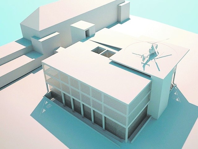 Wizualizacje rozbudowy szczecineckiego szpitala &#8211; z lądowiskiem dla śmigłowców Lotniczego Pogotowia Ratunkowego na dachu. 