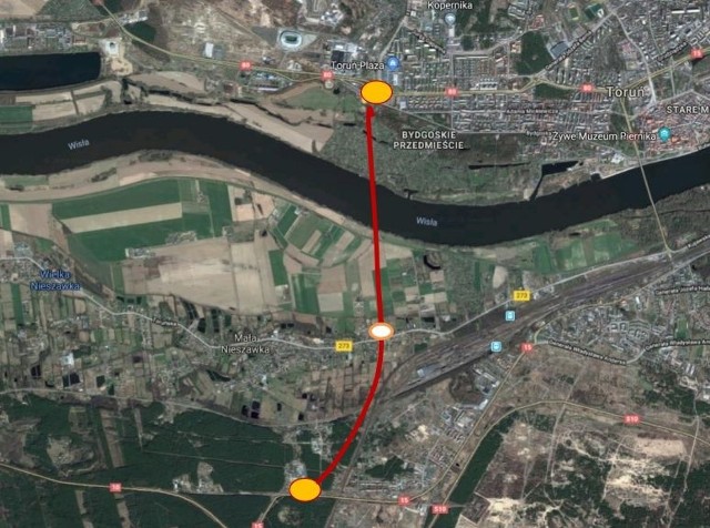 Tak wygląda przybliżony, schematyczny przebieg Zachodniej Trasy Mostowej w Toruniu